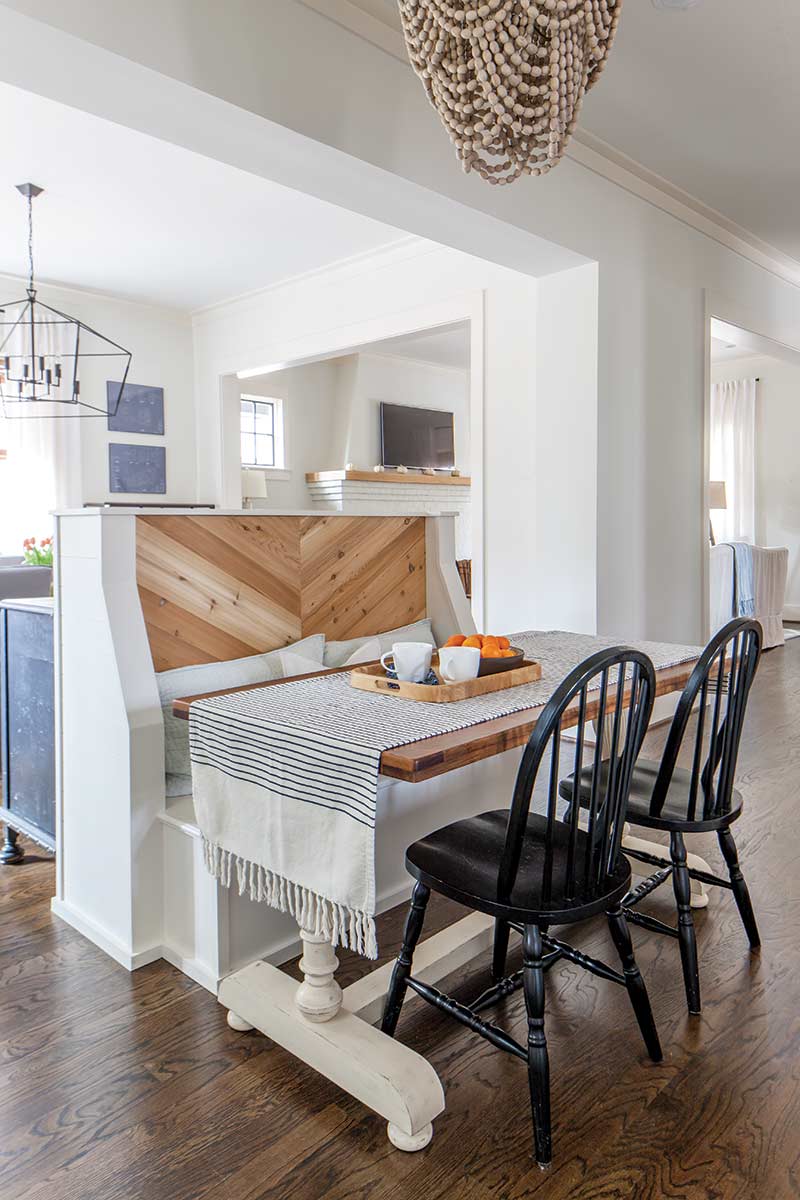 white and light wooden booth in large kitchen