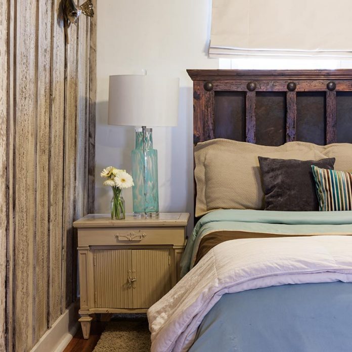 Dark wood and metal headboard