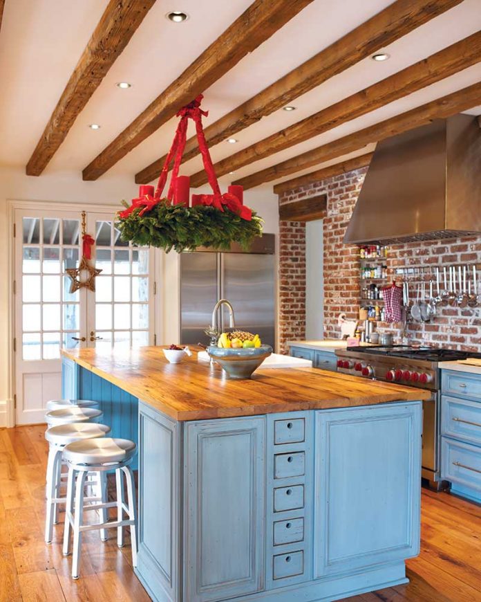Christmas kitchen with blue island