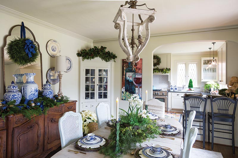 dining room with blue Christmas decor