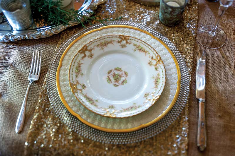 white and gold Christmas china