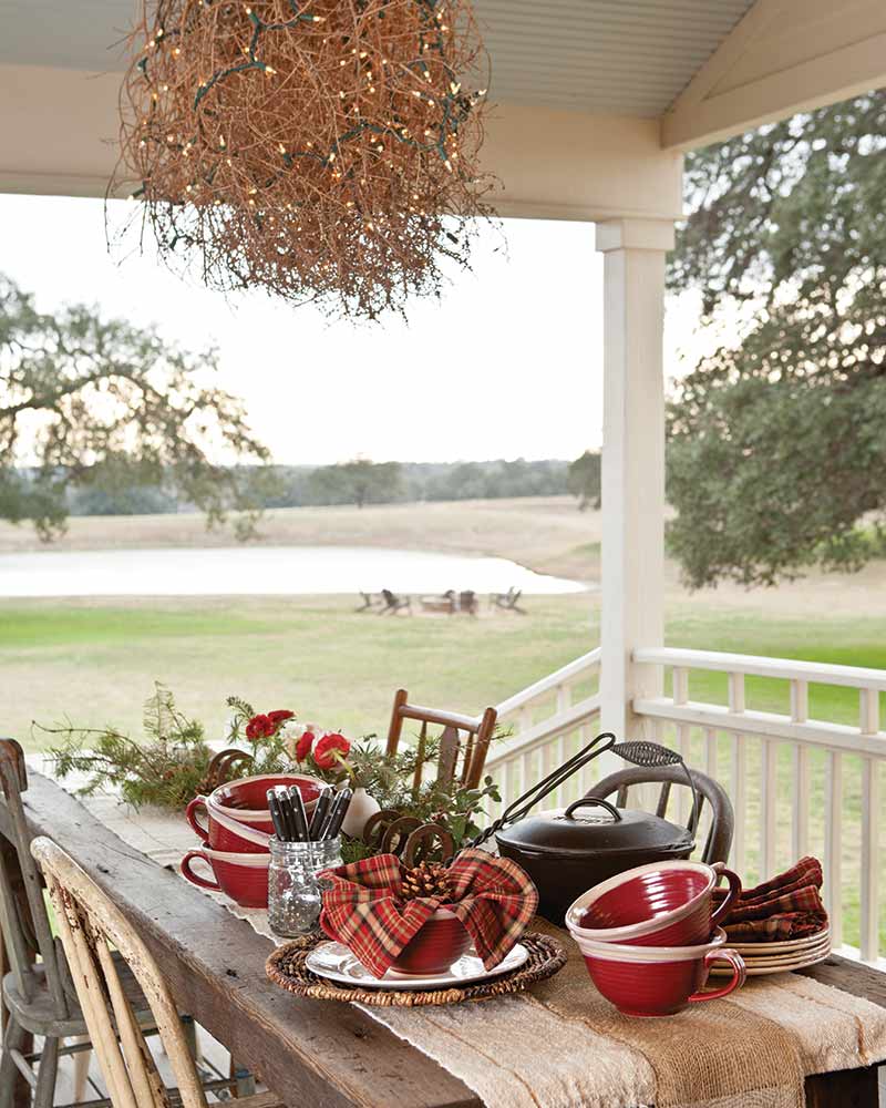 front porch with tumbleweed chandelier