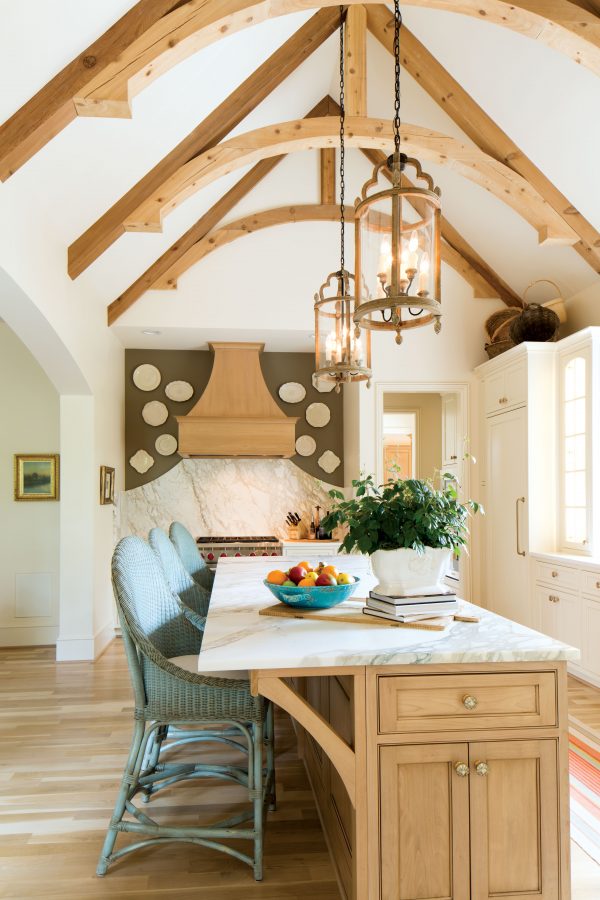 kitchen with vaulted ceilings an wooden beams