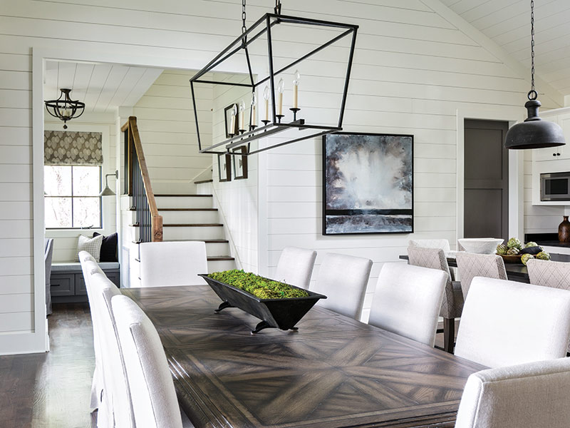 dining room with white shiplap