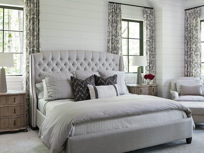 gray bedroom and white shiplap