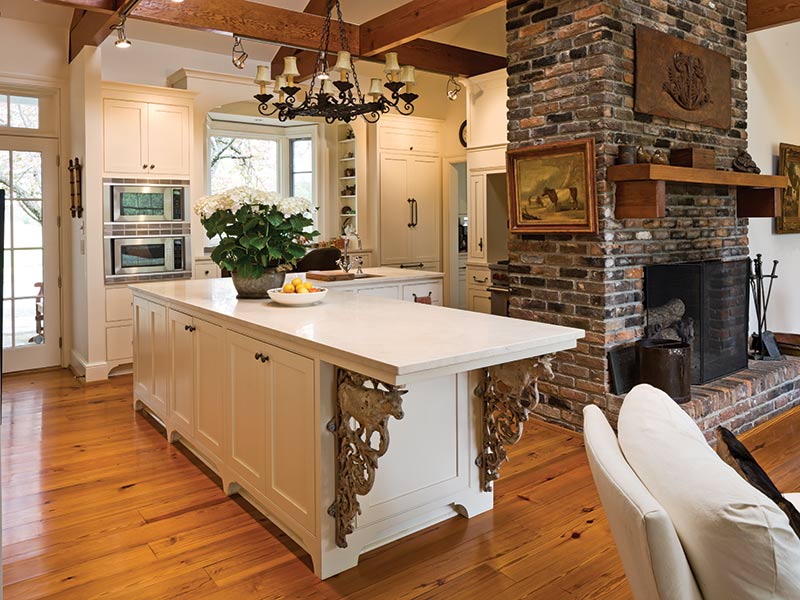 Country kitchen with large white island