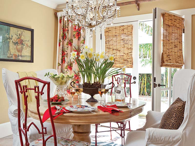 vintage red chairs in Hawaiian-style vintage dining room