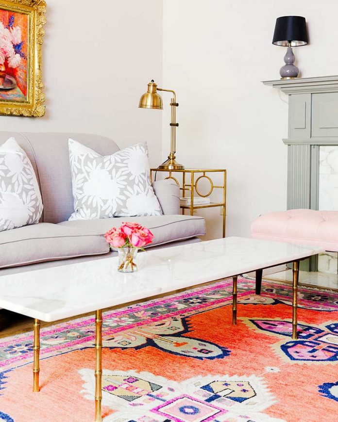 living room with coral rug