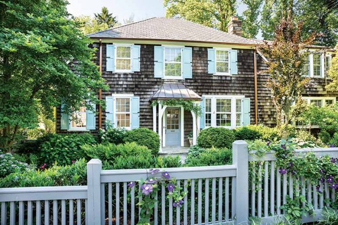 cedar shingles and blue shutters