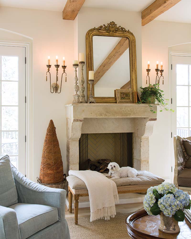 A living room decorated in French style with a dog sitting on a bench in front of the fireplace.