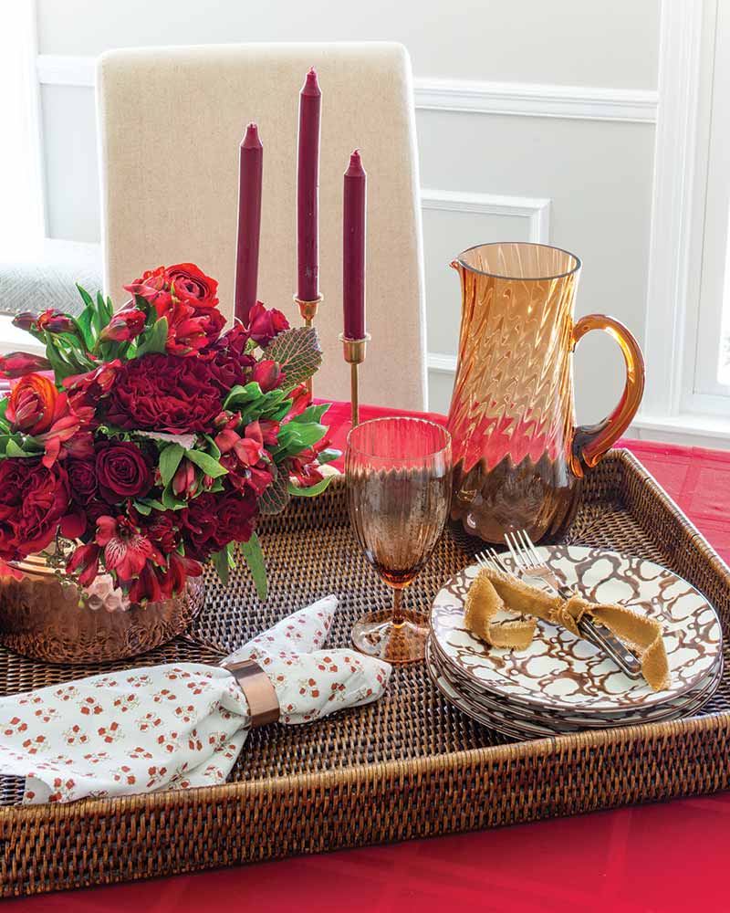 Serving Tray with plates, candles, and flowers