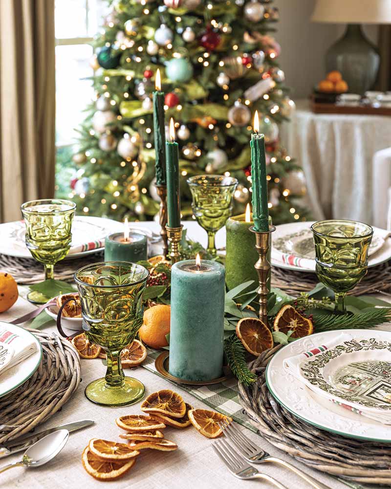 Christmas tablescape with green taper candles