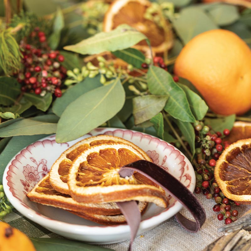 Dried orange slices on a brown velvet ribbon.