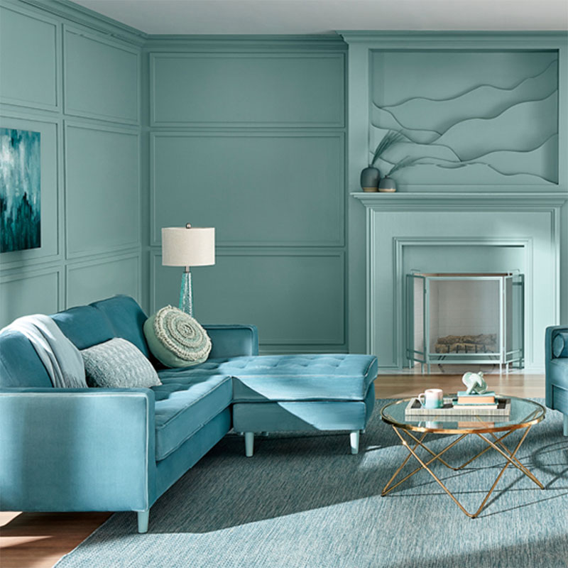 A living room painted Valspar's Renew Blue.