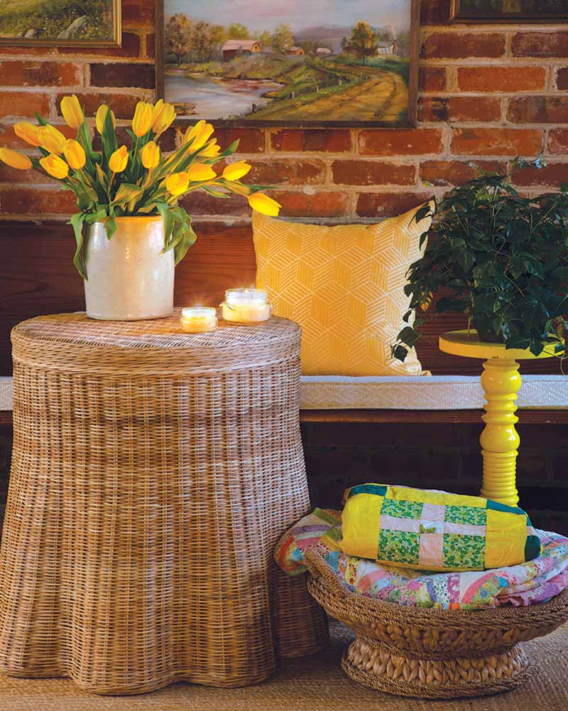 Bench with woven side table.