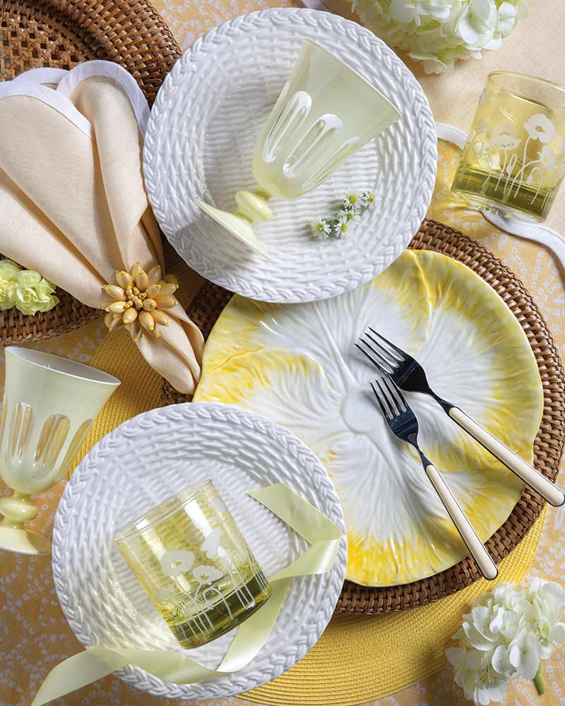 A tabletop vignette with yellow accents.