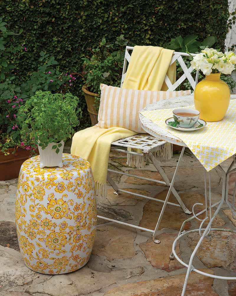Garden table with yellow accents.