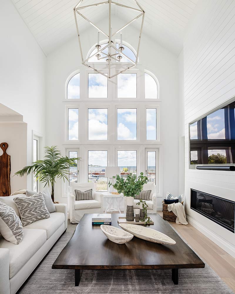 A living room decorated in coastal style.
