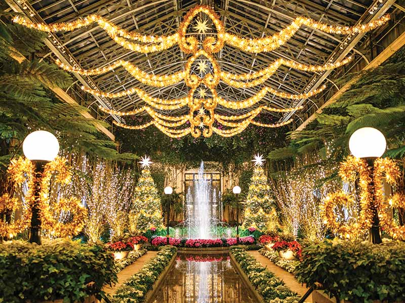 Longwood Gardens featuring holiday decorations and Christmas lights.
