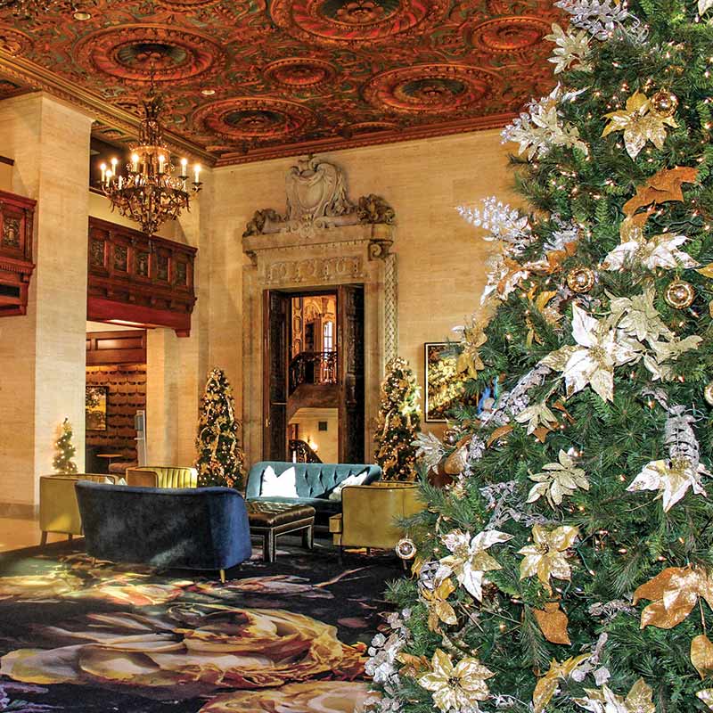 The lobby of the Hotel du Pont in Wilmington, Delaware, decorated for the holidays.