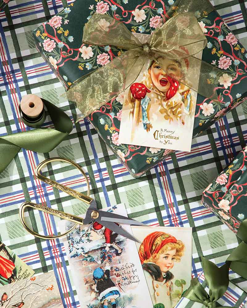 Pair with old-fashioned postcards and artful gift tags that harmonize with the vintage-inspired paper prints that call to mind the enduring enchantment of holidays gone by.