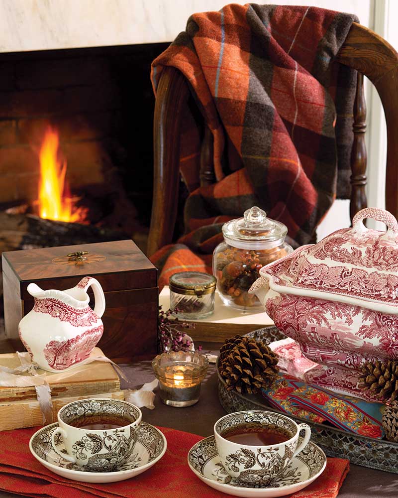 Break out antique transferware to enhance the nostalgia of the occasion, and don’t forget a few plaid flannel throws for utmost relaxation.