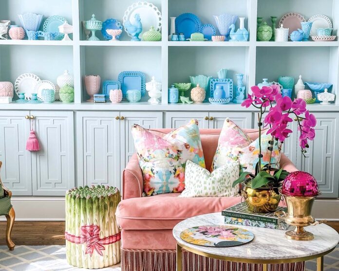 “I’ve always loved color,” says milk glass enthusiast and vintage collector Lauren Sakalarios. Step into her living room—affectionately referred to as the “Lady Lounge”—and it won’t take long for you to believe it.