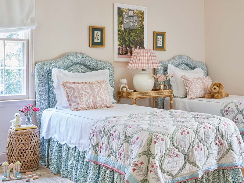 While shopping for clients at a local consignment store, Bailey happened upon a pair of upholstered twin beds. Although she had only recently given birth to her fi rst daughter, Bailey knew a one-of-a-kind find when she saw it and purchased the beds with her daughter’s big girl room in mind.