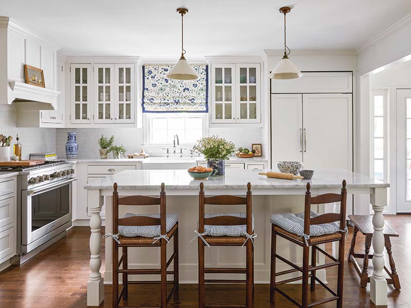 “I wanted the kitchen to feel very homey and be true to that ranch cottagey feel,” says Bailey, who gave just as much attention to selecting the turned legs of the island as she did the cabinet fronts.