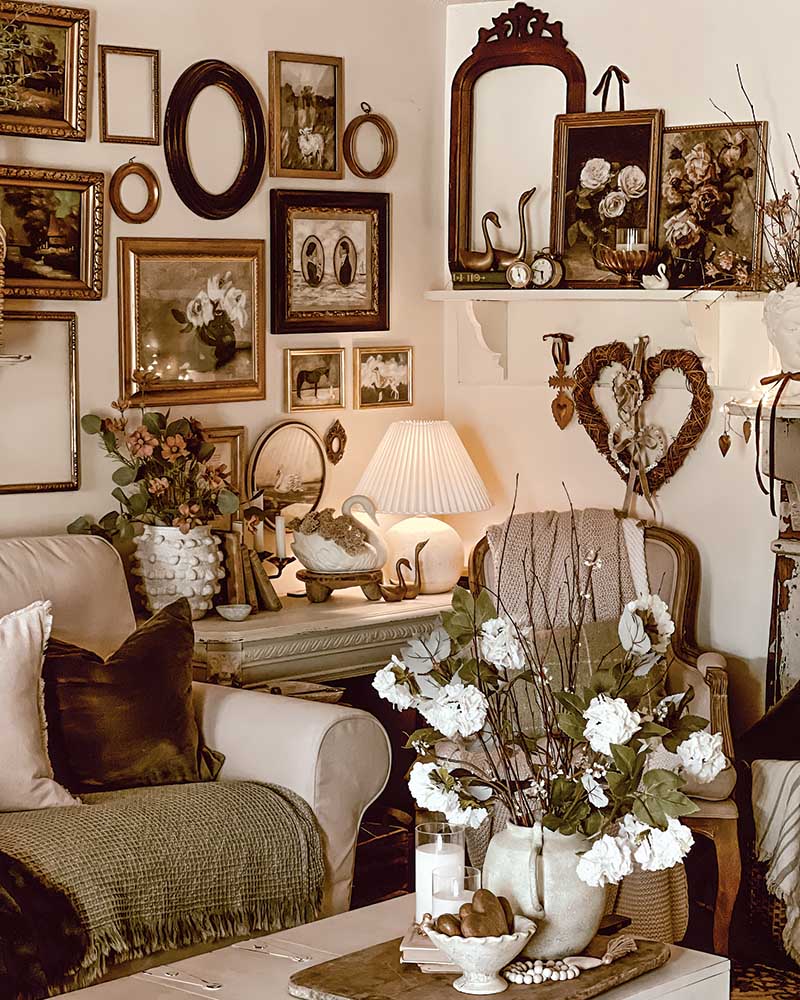 One of her favorite items to collect are floral oil paintings—many of which are on display in her living room.