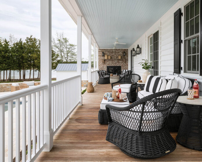 Perhaps the most striking feature is the cottage’s wraparound porch, which features tongue-and-groove Ipe decking and a beaded board ceiling painted haint blue. The porch adds an additional 835 square feet to the cottage, which features an en suite bedroom, a half bath, and an open-plan kitchen and living room.