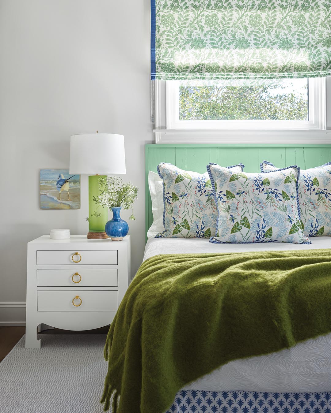 Extensive pattern play contributes strong personality to the bedrooms of the home, as Liz mixed and matched florals, botanicals, stripes, and ginghams to great effect.