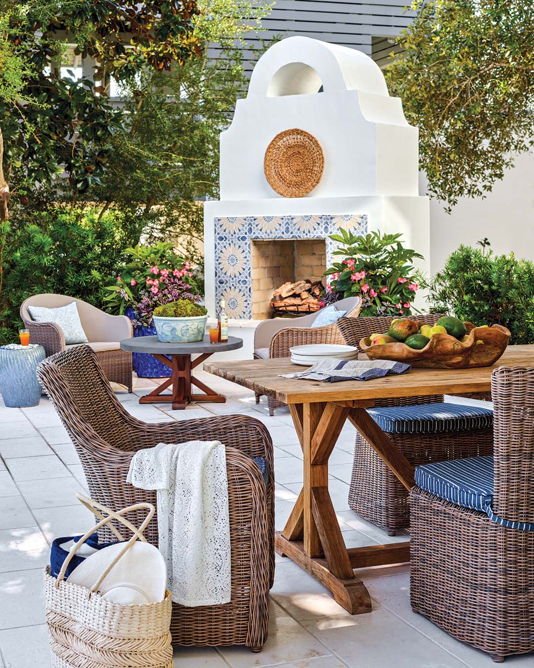 A patio fireplace extends outdoor relaxation into the cooler months.