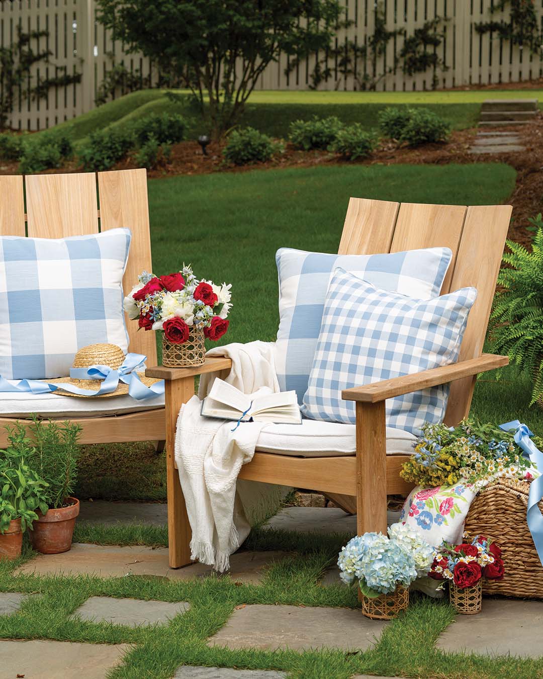 Whether before or after the meal, guests will appreciate a comfy spot for catching up and soaking in the sun. Adding a few fresh-cut flowers and inviting pillows will help encourage them to linger.