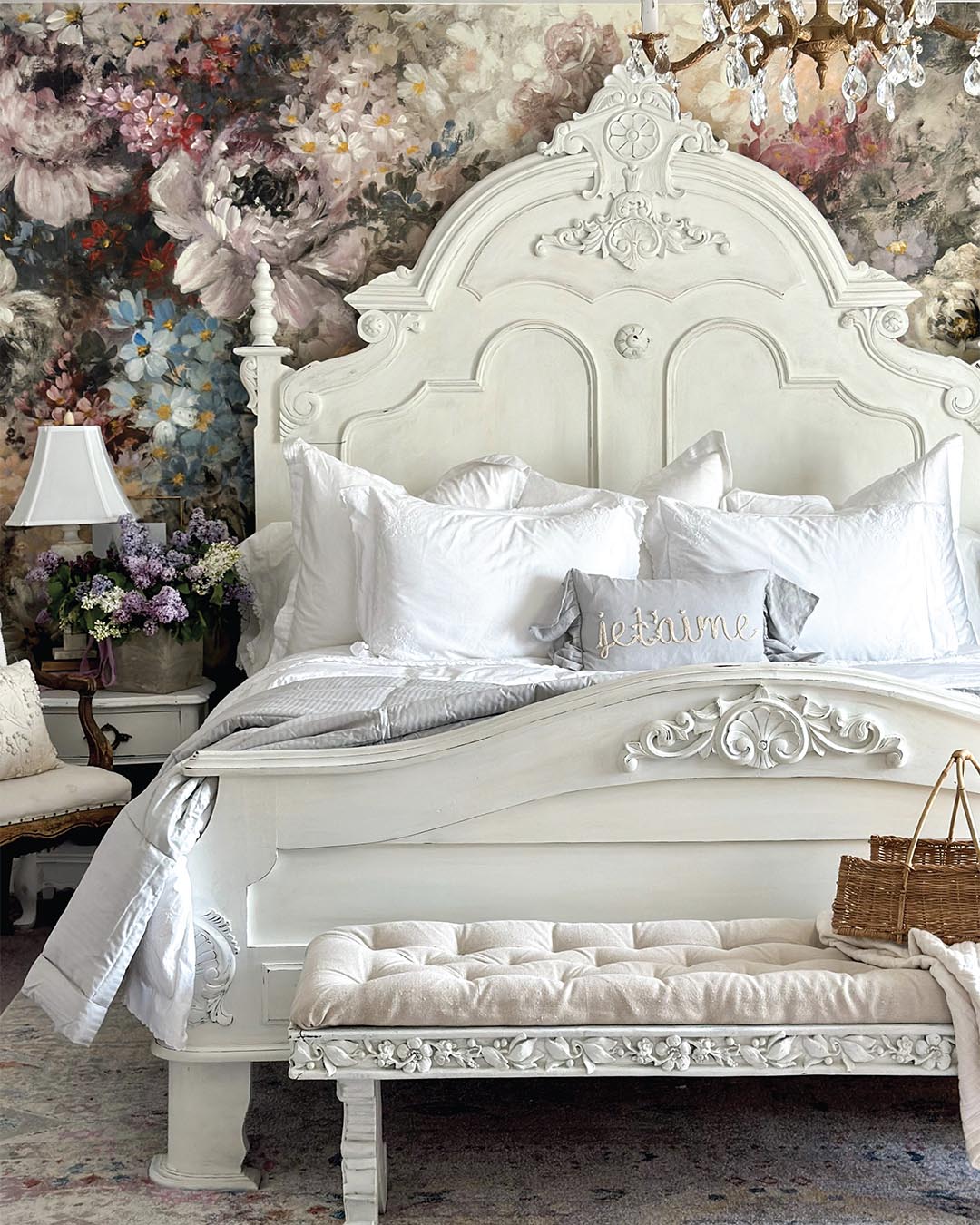 Forming a striking silhouette and embellished with intricate carvings, the bed was a lucky find Emily sourced from Facebook Marketplace with the help of her sister, who first spotted the piece. The rug’s blend of creamy neutrals and spirited hues supports the surrounding scheme and provides an eye-catching foundation.