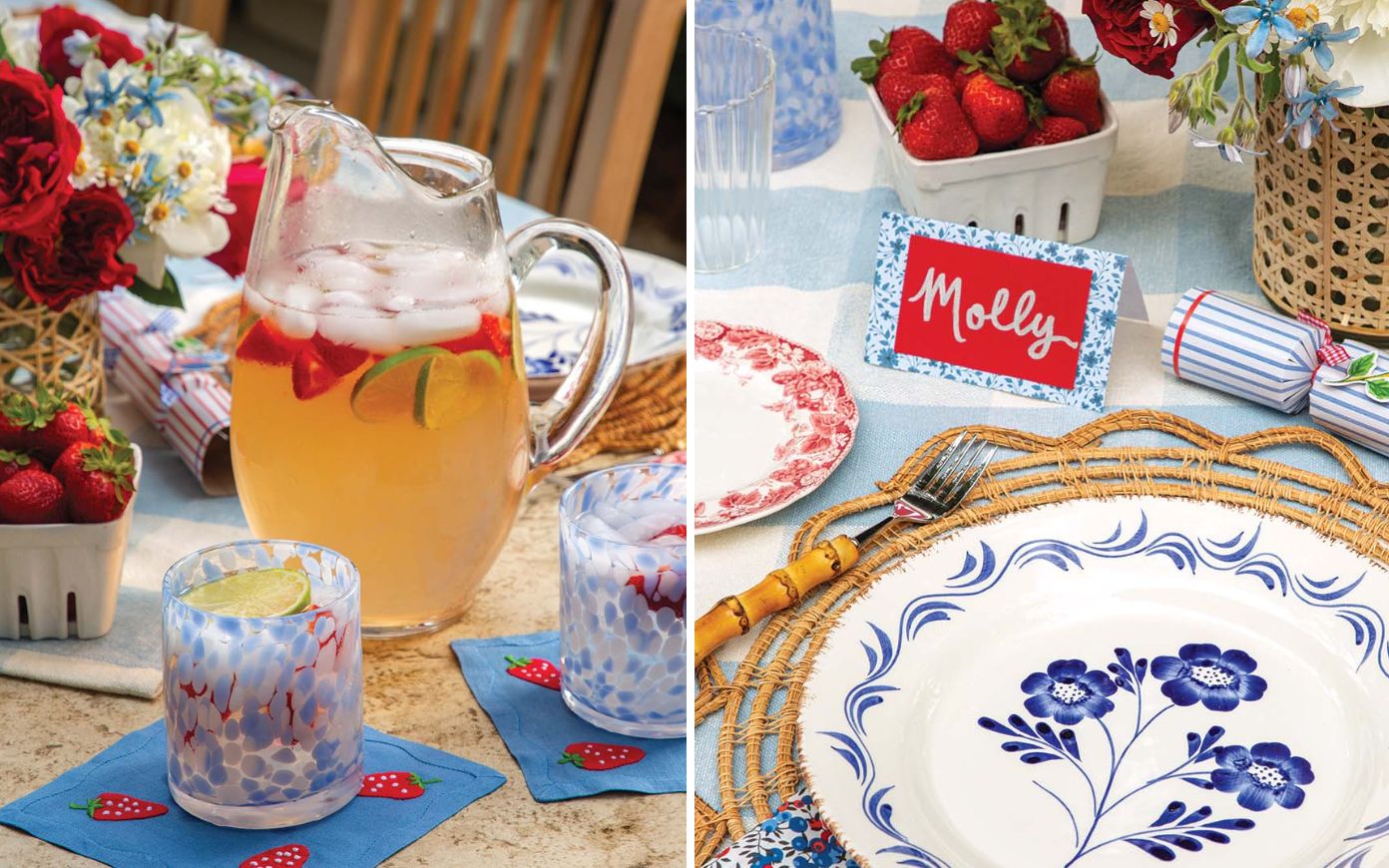 From embroidered cocktail napkins and patterned tumblers to the beverages themselves, there are ample opportunities for delightful moments even before the food is set out—but charming place settings complete with hand-written name cards and fun favors will keep anticipation for the main event high.