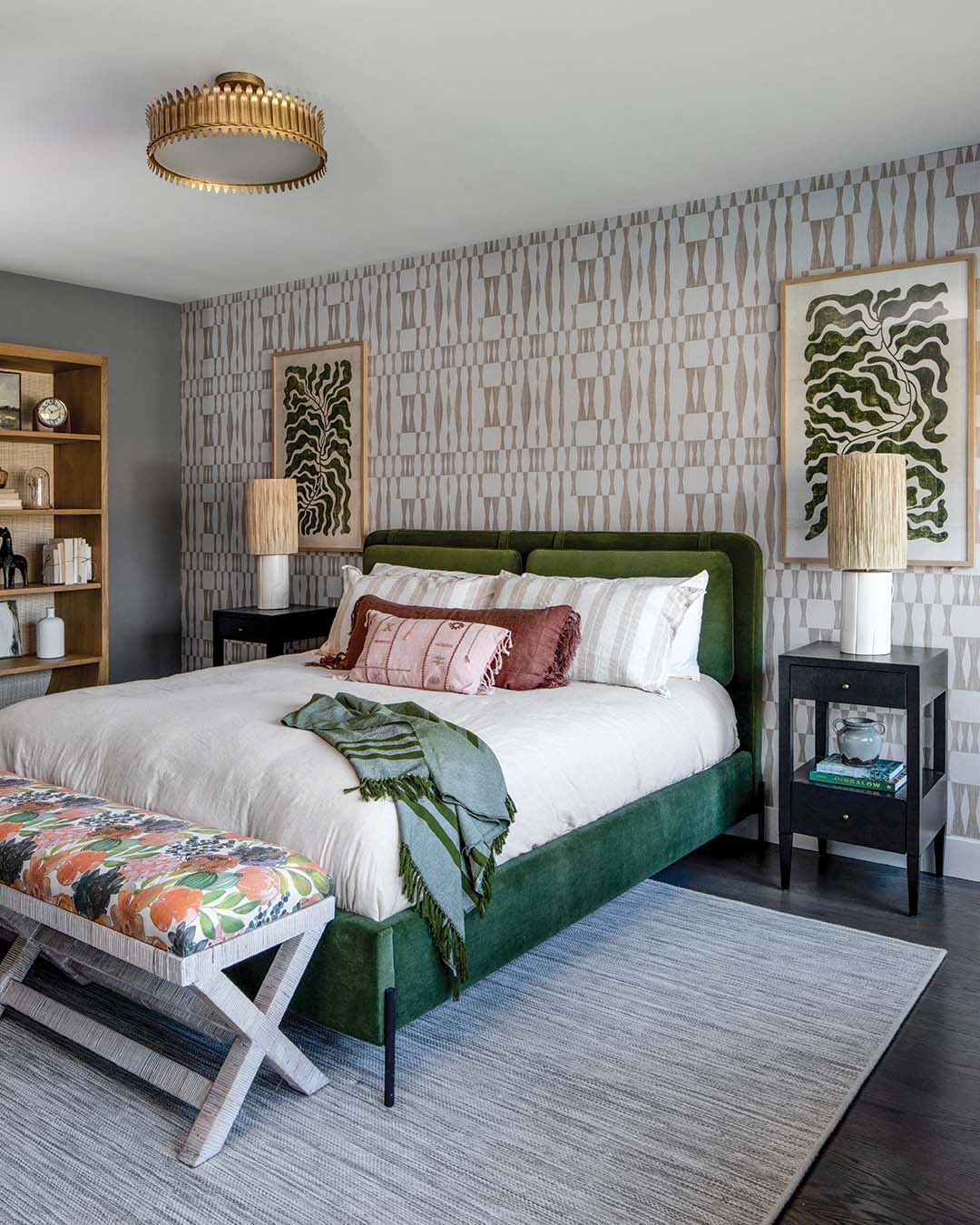 A last-minute addition, the Tempaper & Co. wallpaper in this bedroom creates a statement wall that lends a finished look to the space. While the homeowners were initially hesitant, Karen selected a low-commitment peel-and-stick variety, and the end result was well worth it.