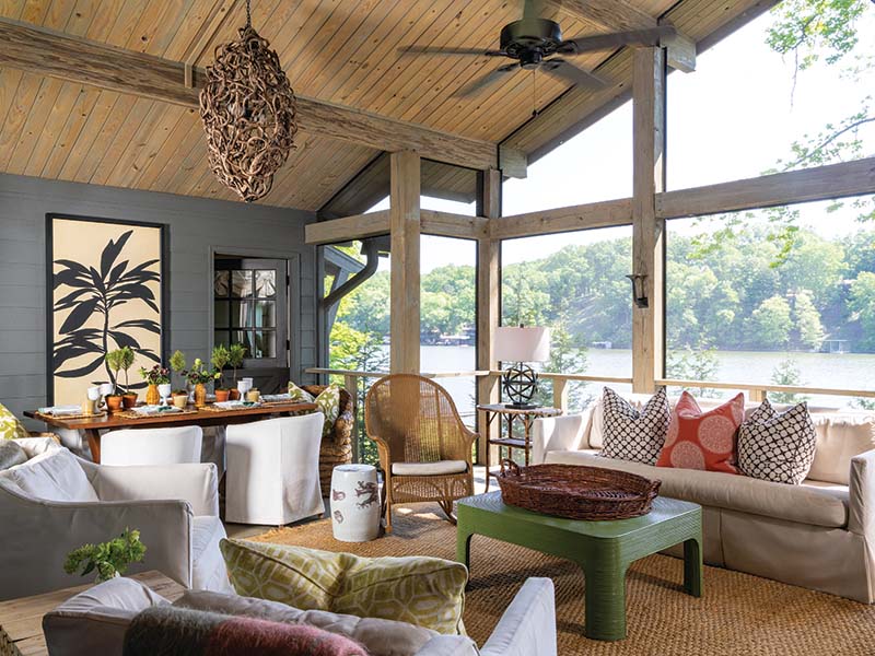 The dreamy screened-in porch, which showcases the picturesque lake scene, spearheaded the home’s redesign.