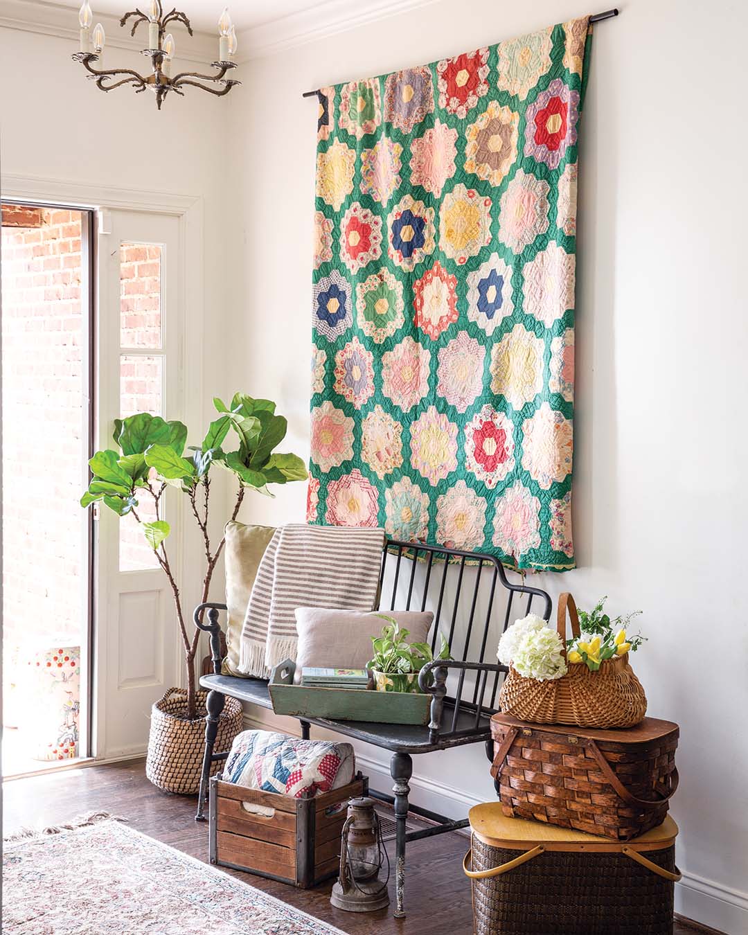 Adorned with wooden furniture, neutral throws, and vintage quilts, your home will be transformed into a peaceful, nostalgic refuge conducive to cozy country living. Wooden décor accessorizes the space in muted tones of jade that accompany a bouquet of creamy ivory and golden yellow blooms. Fresh greenery breathes life into every corner, beckoning guests to unwind and embrace tranquility.