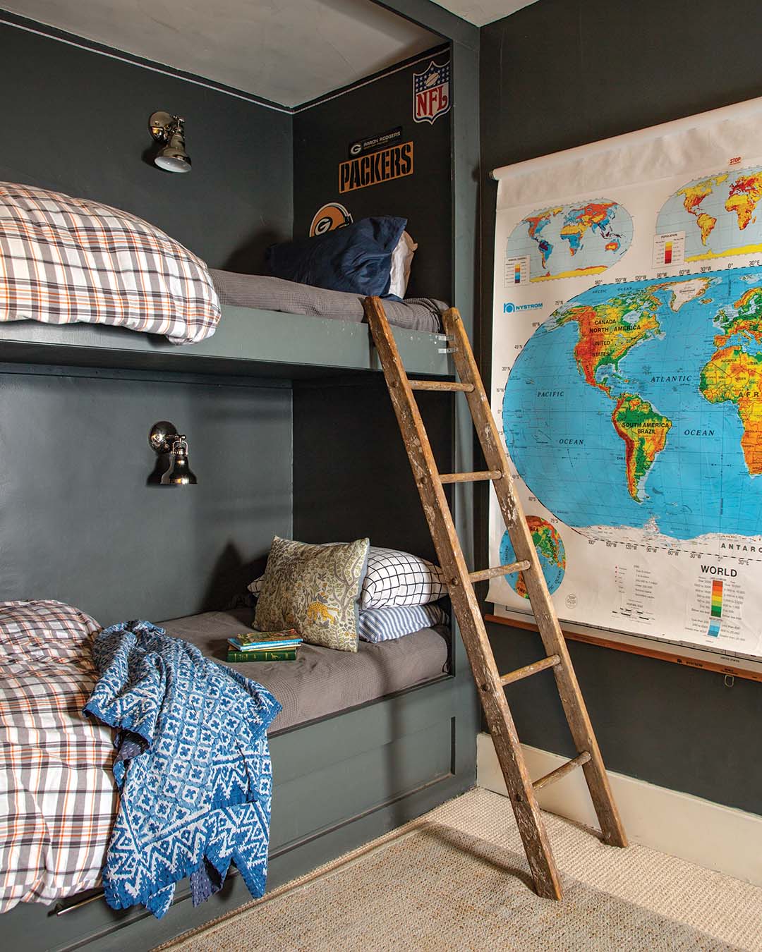 Both blue and green feature prominently throughout the design, showing up in the home’s bedrooms.