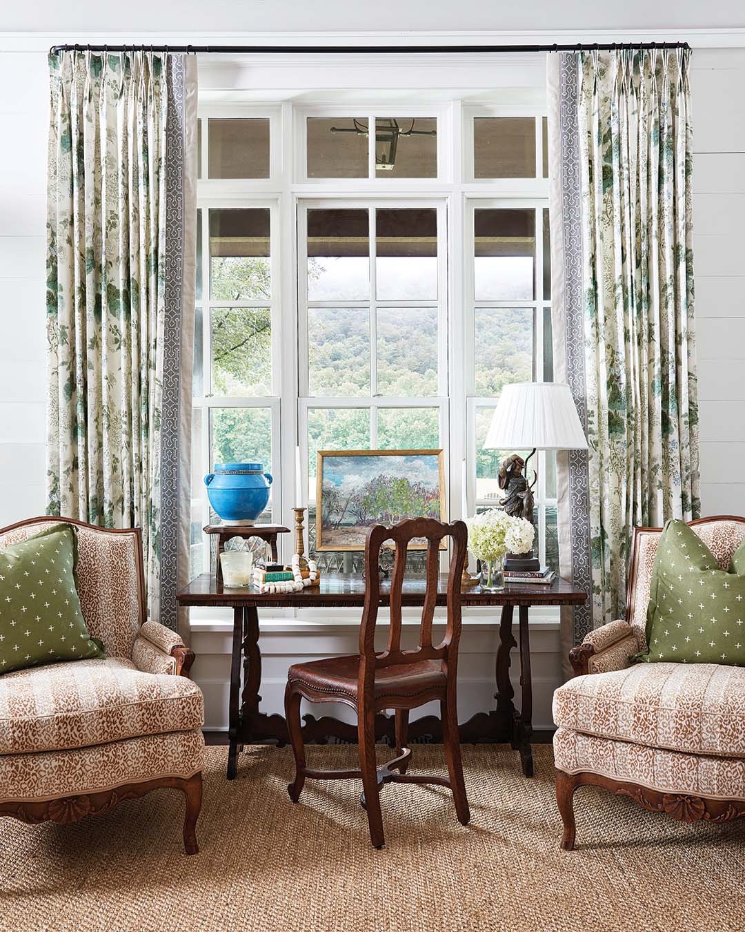 From room to room, custom draperies elevate accent colors, and when hung, complement—rather than compete with—the views.