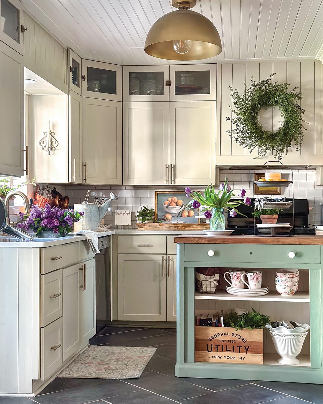“We’d been looking for an island, and nothing was the right shape or height—I’m very tall,” Bailey notes. The dresser, originally housed in the children’s closet, turned out to be the perfect height, so she repurposed the piece as a kitchen island by gutting the inside, adding a shelf, and topping it with butcher block.