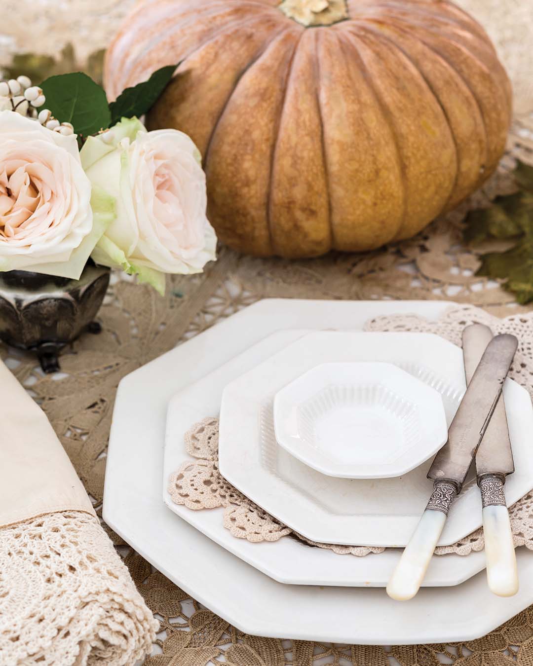 The crisp hue of white ironstone china makes it easy to incorporate into décor and tablescapes all year long. “Many collections are displayed in cupboards and cabinets or on shelves as a backdrop for changing seasonal decorations,” says Adele. “Pieces used for serving food are particularly popular.”
