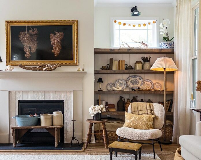 The clean contemporary lines of the upholstered furnishings juxtapose antique and vintage accents, creating an approachable yet sophisticated setting.