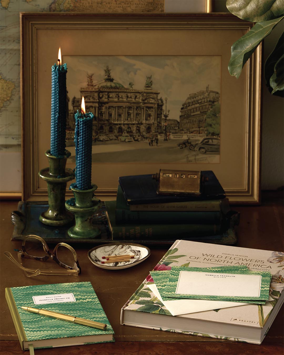Candlesticks from Cuvée Home. Journal and note cards from Papier. Wild Flowers of North America from Amazon. Marble trinket tray from Joanna Buchanan.