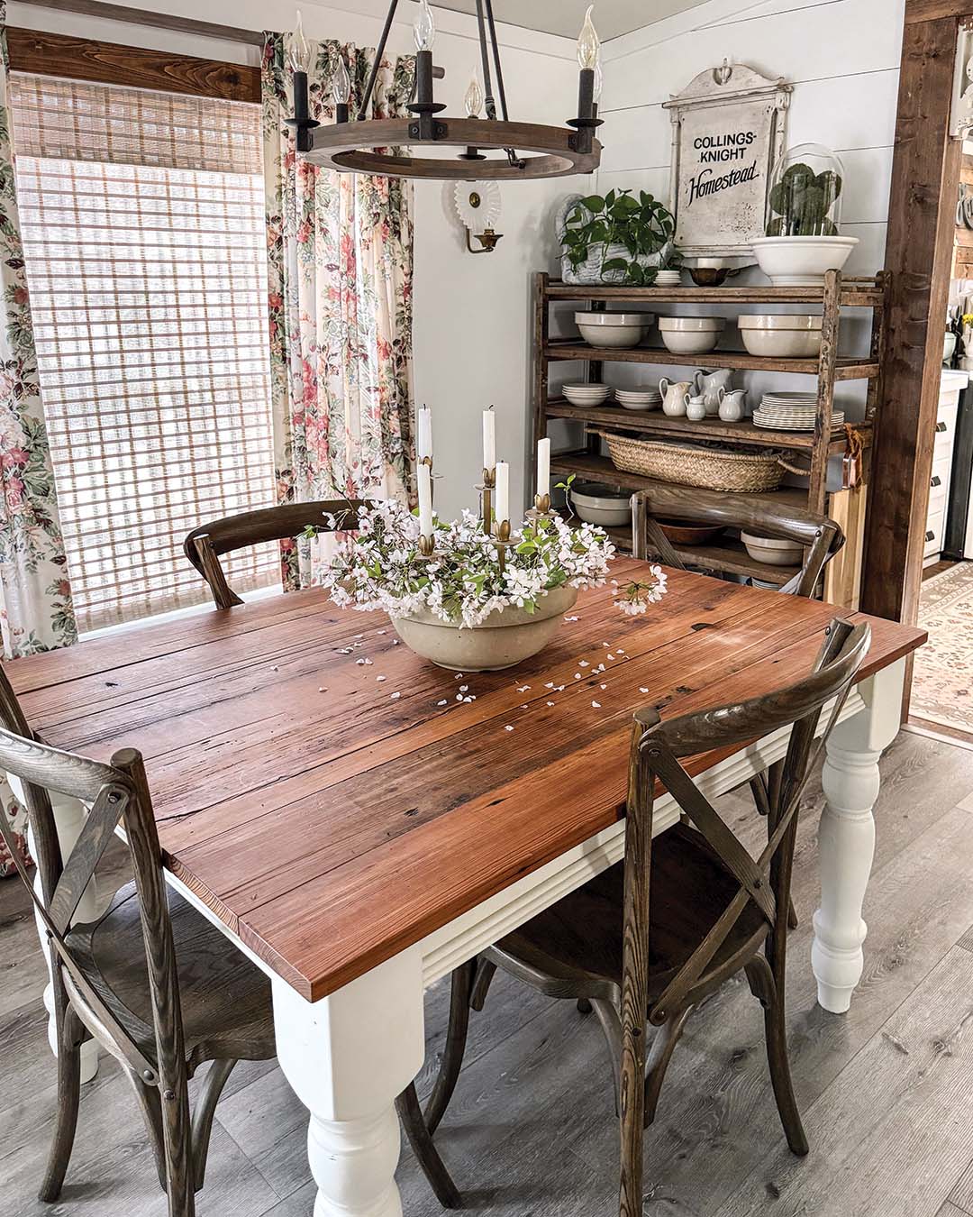 On the far end of the room sits a dining table Kassie built herself using Georgia heart pine. “That was a labor of love,” she notes.