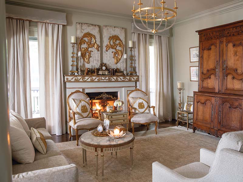 Step inside Melissa’s English Tudor-style home, and you’ll quickly discover her affinity for antiques with ornate, hand-carved details and gilding—most notably showcased in the living room, where creamy white and gleaming gold hues instill an elegant, ethereal tone.