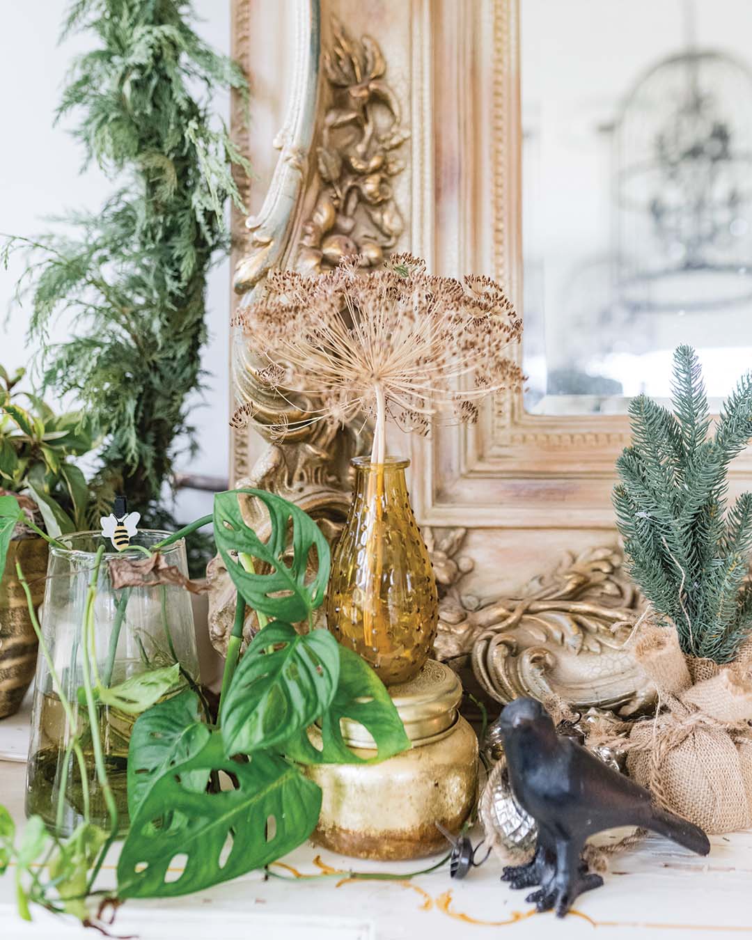 Get creative! Whether it’s the branches in your front yard or dense woody bush, adding touches of fresh greenery is a great way to cultivate a display that is both rustic and refined. “Of course, there are always pine cones galore, and juniper berries are usually growing in the winter,” Annette notes. “But sometimes, I have to start early. I love using dried lavender to wrap gifts, which isn’t usually growing close to Christmastime.” Paired with simple accents such as twine, candles, or even dried flowers, foraged elements can elevate any space, creating an environment that is full of warmth and charm.