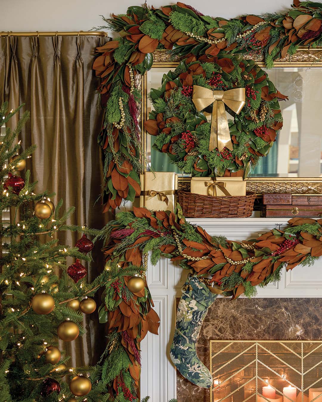 Wreath and garland from The Magnolia Company. Stocking by Schumacher from Perigold. Bell garland by Country Stem Market from Etsy.