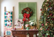 Cozy Farmhouse Christmas Décor with Vintage Accents & Rustic Holiday Details Complemented with vintage accents and rustic details, a beautifully adorned tree fills the air with jovial holiday cheer.